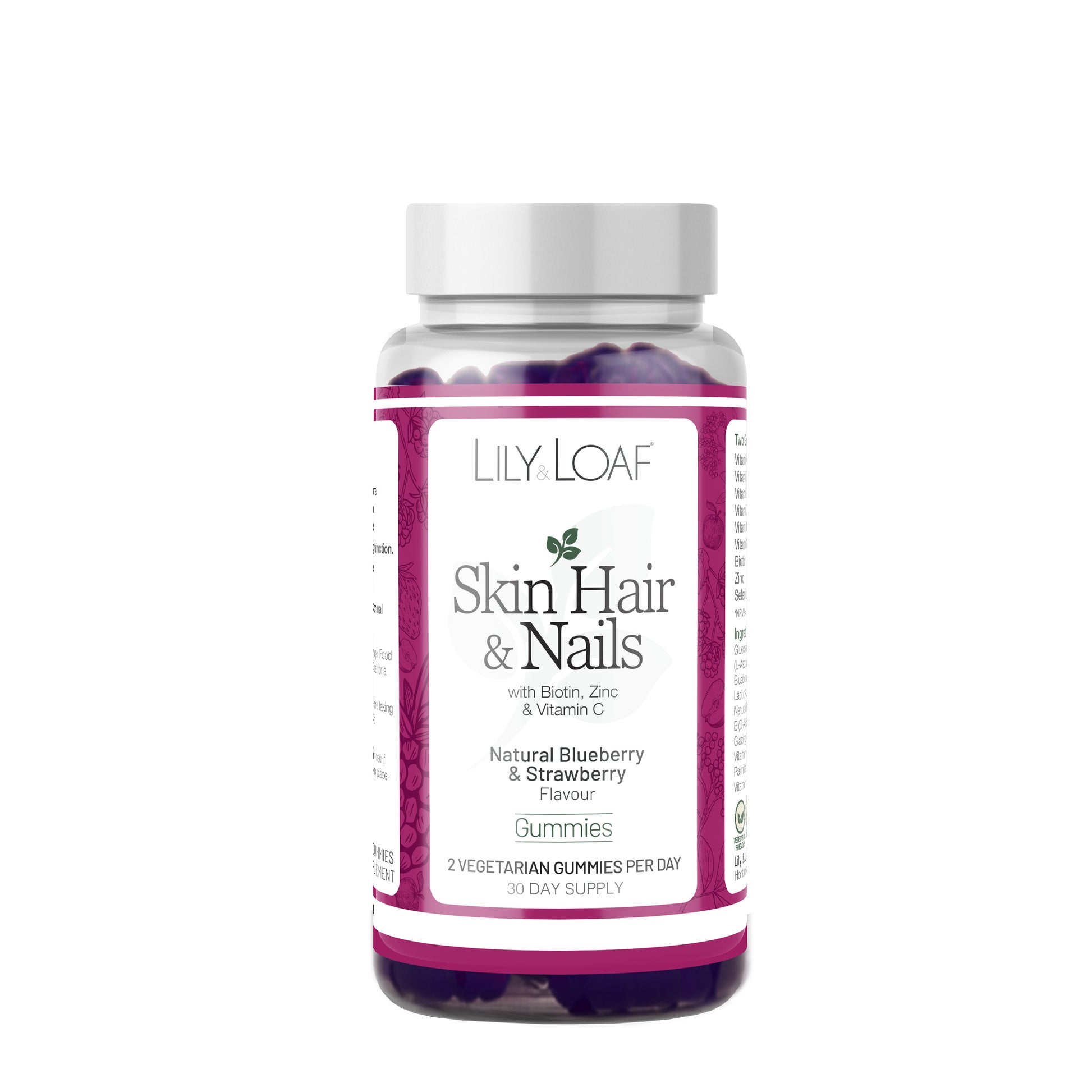 Lily & Loaf Skin, Hair & Nails gummies bottle, natural blueberry and strawberry flavour, with biotin, zinc and vitamin C.