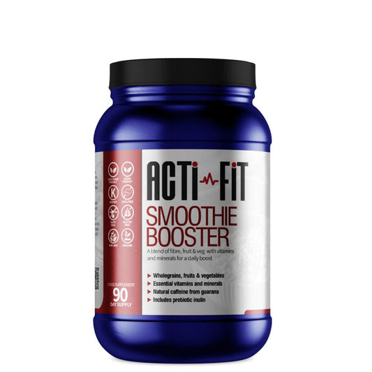 Blue container of Acti-Fit Smoothie Booster supplement, providing a blend of wholegrains, fruits, vegetables, vitamins, minerals, and prebiotic inulin, 30-day supply.