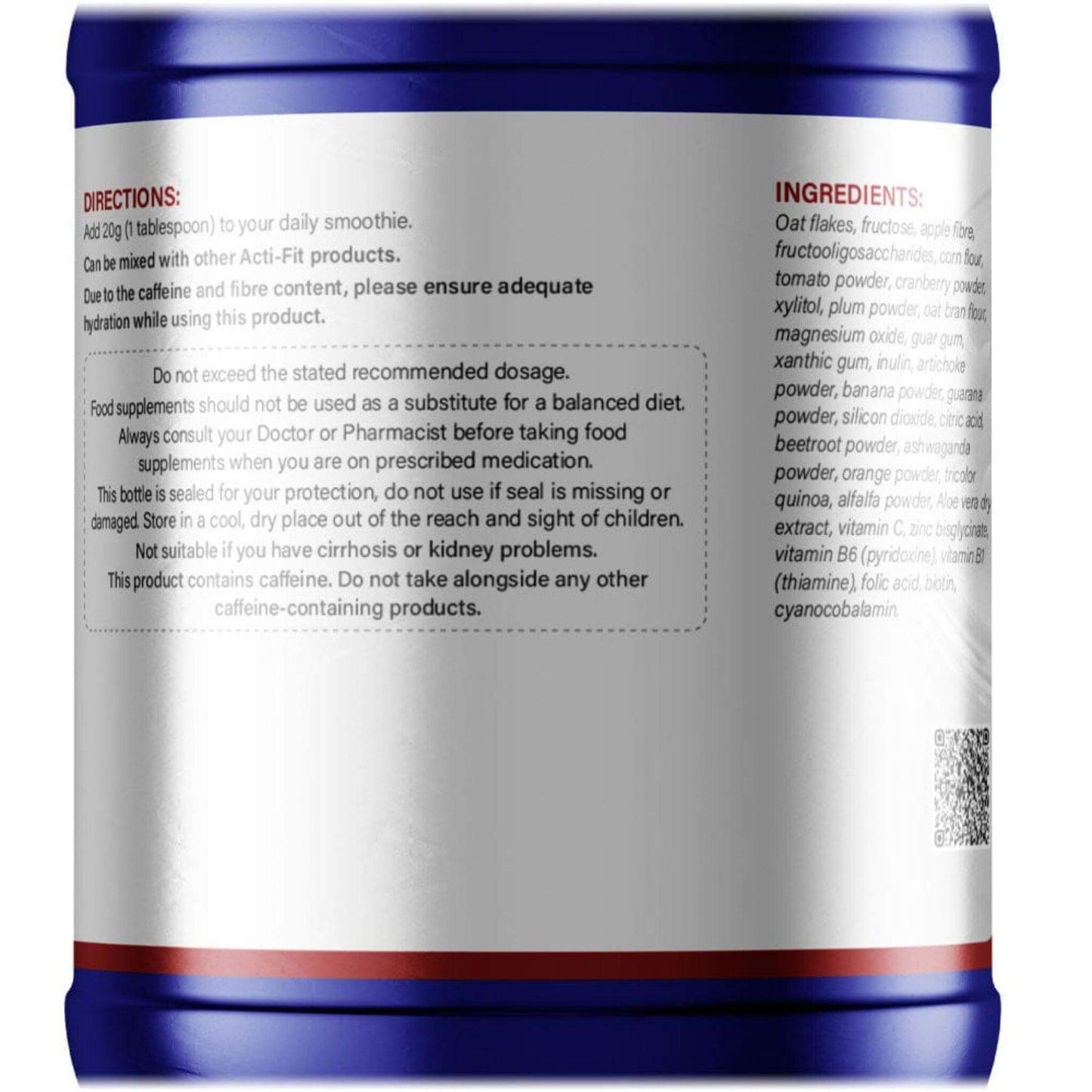 Back label of Acti-Fit Smoothie Booster tub showing directions for use and ingredients.