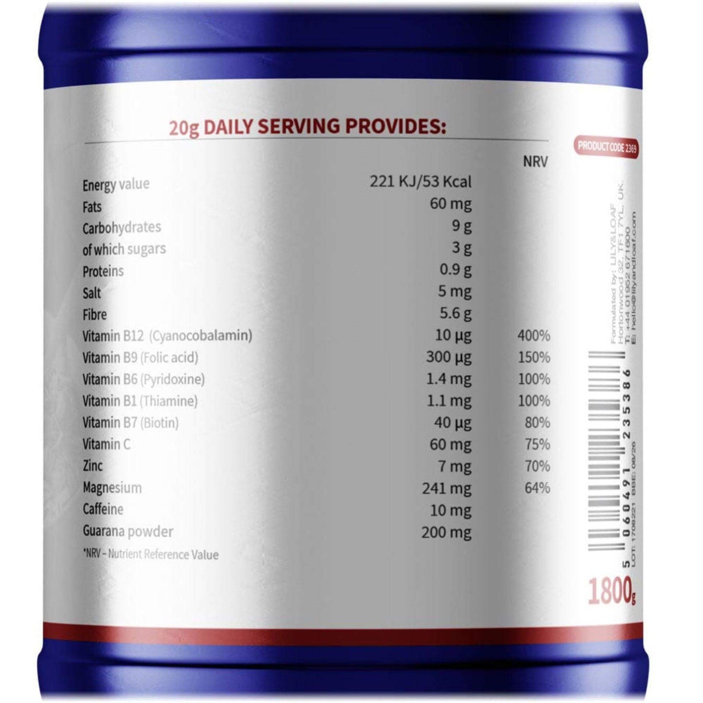 Back label of Acti-Fit Smoothie Booster tub showing nutritional information table.