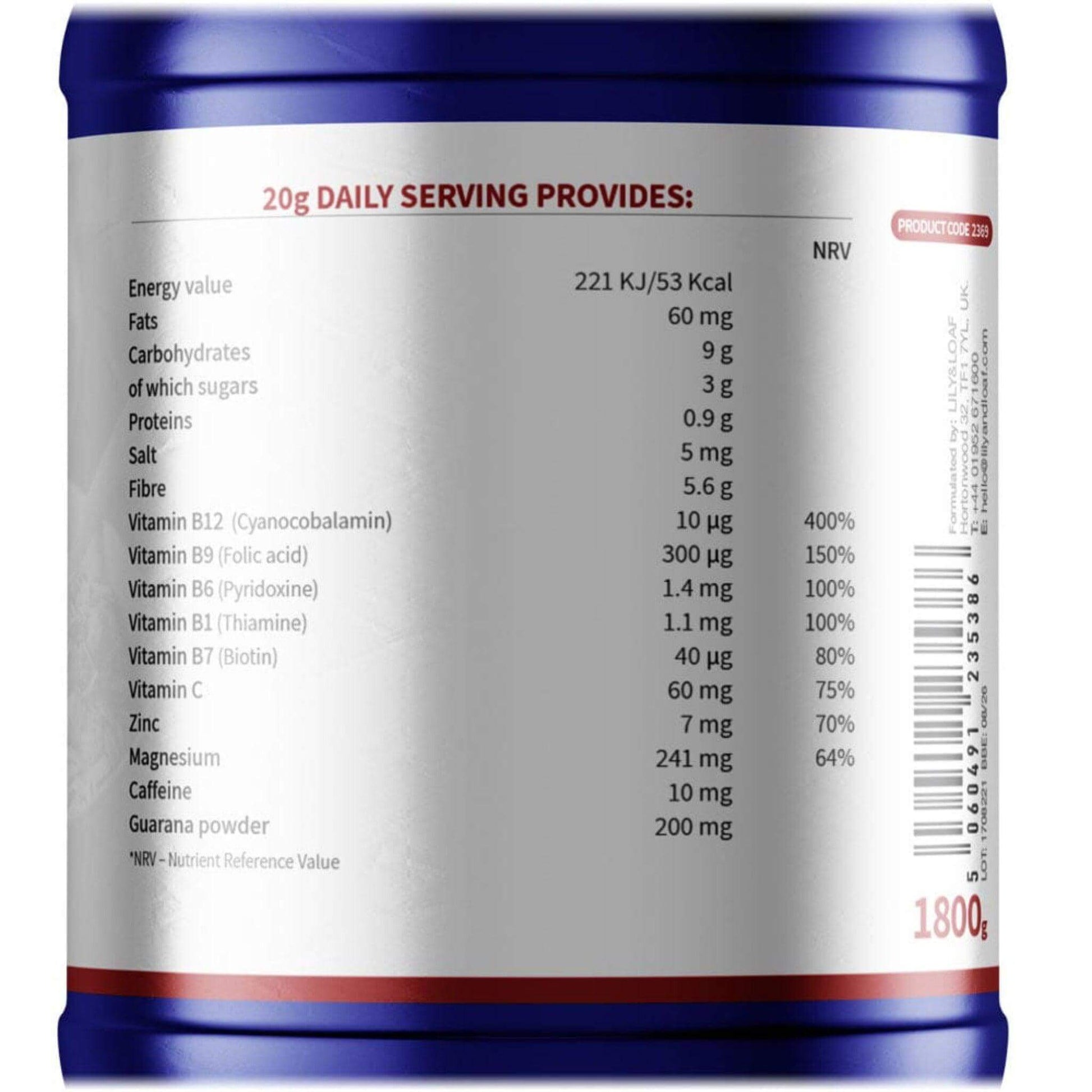 Back label of Acti-Fit Smoothie Booster tub showing nutritional information table.