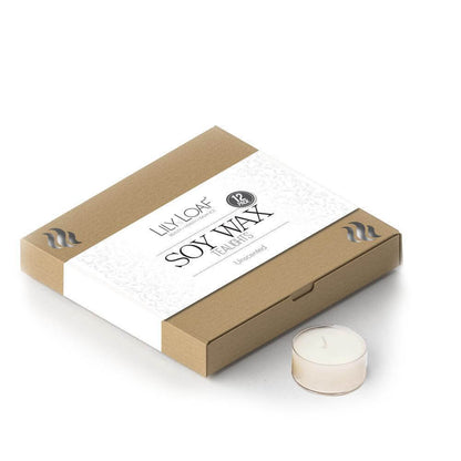 Lily & Loaf soy wax tealights in box packaging, showing unscented soy wax tealight candle beside branded eco-friendly box
