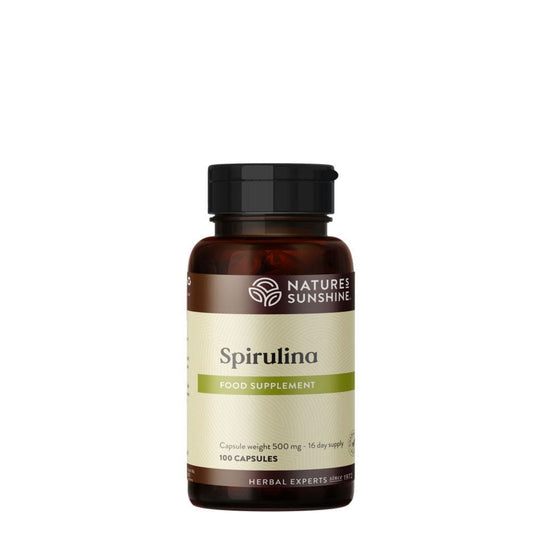 Dark amber bottle of Nature's Sunshine Spirulina supplement, containing 100 capsules for a 16-day supply, promoting overall health.