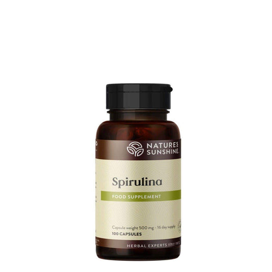 Nature’s Sunshine Spirulina supplement bottle, labelled food supplement, 100 capsules.