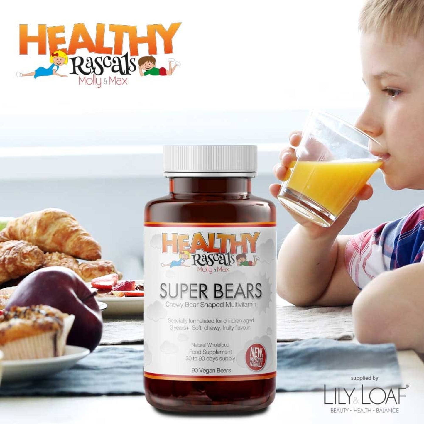 A child eating breakfast with a bottle of Healthy Rascal's Super Bears