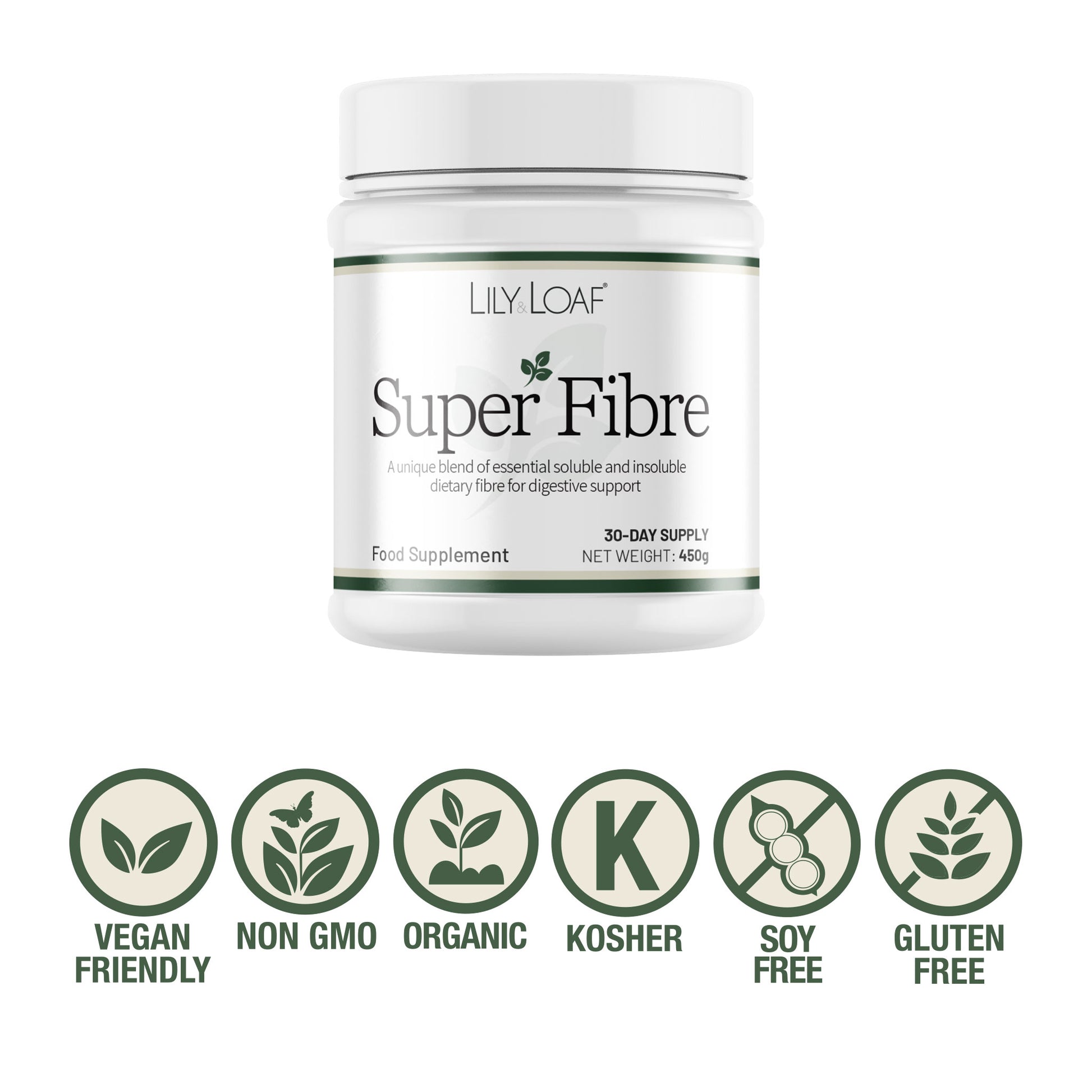 Lily & Loaf Super Fibre supplement tub with vegan, organic and gluten-free certification icons on a light background
