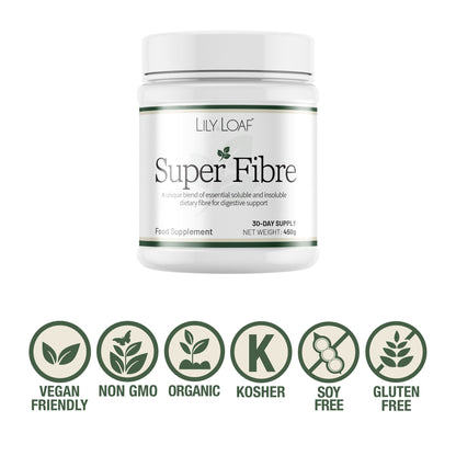 Lily & Loaf Super Fibre supplement tub with vegan, organic and gluten-free certification icons on a light background