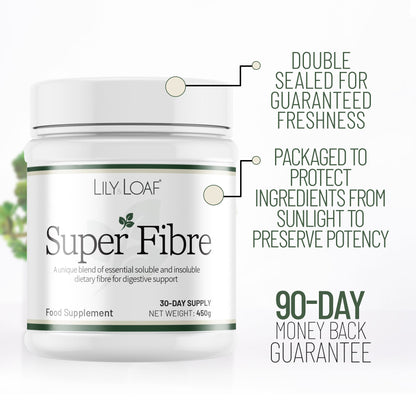 Lily & Loaf Super Fibre supplement tub with freshness and packaging benefit text on a light background