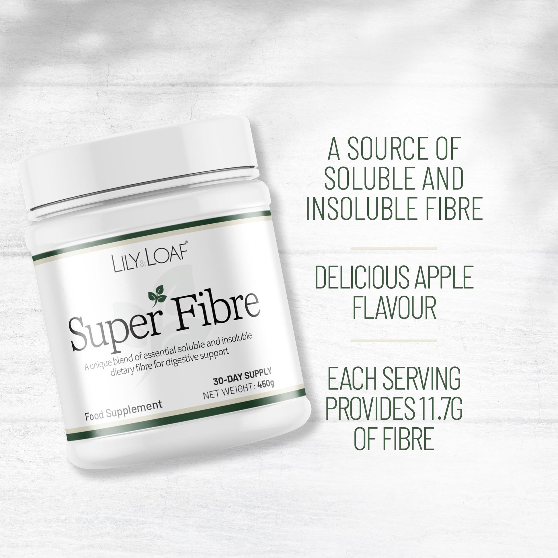 Lily & Loaf Super Fibre supplement tub with fibre benefit text on a light textured background