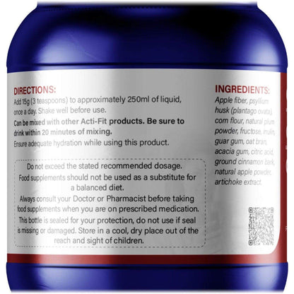 Back label of Acti-Fit Super Fibre tub showing directions for use and ingredients.