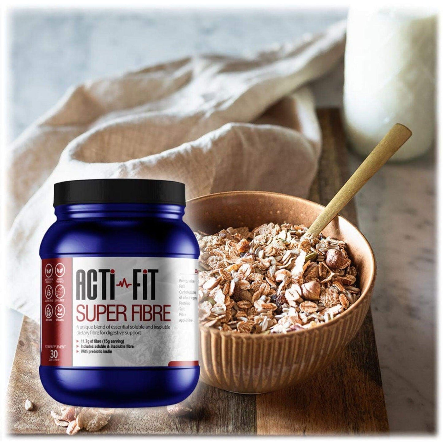 Acti-Fit Super Fibre tub displayed with muesli in a ceramic bowl, representing a high-fibre blend for digestive support.