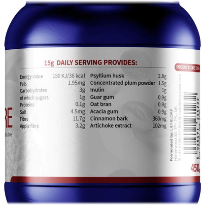 Back label of Acti-Fit Super Fibre tub showing nutritional values table.