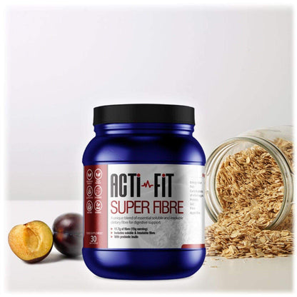 Acti-Fit Super Fibre tub displayed with oats spilling from a jar and fresh fruit, representing a high-fibre blend for digestive support.