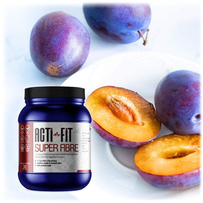 Acti-Fit Super Fibre tub displayed with fresh plums, representing a high-fibre blend for digestive support.