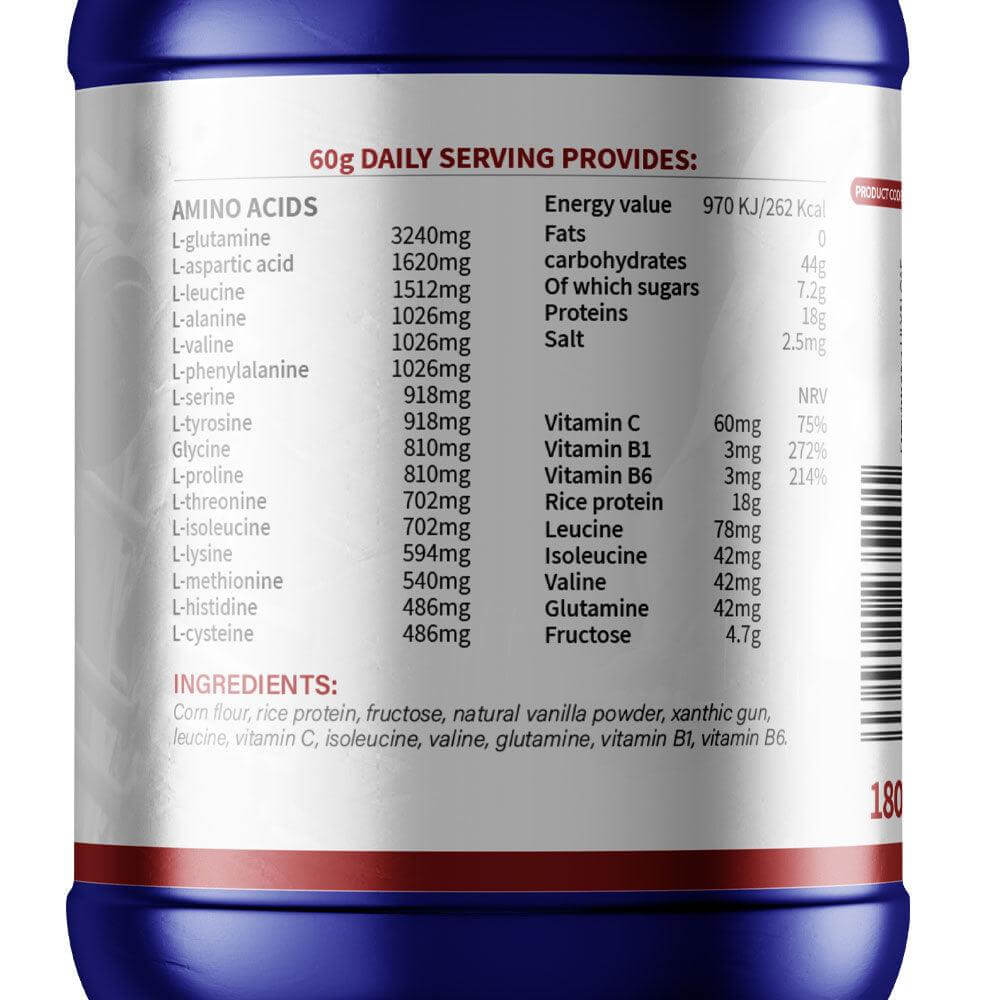 Back label of Acti-Fit Super Mass Gainer (Vanilla) tub showing ingredients and daily serving nutrition