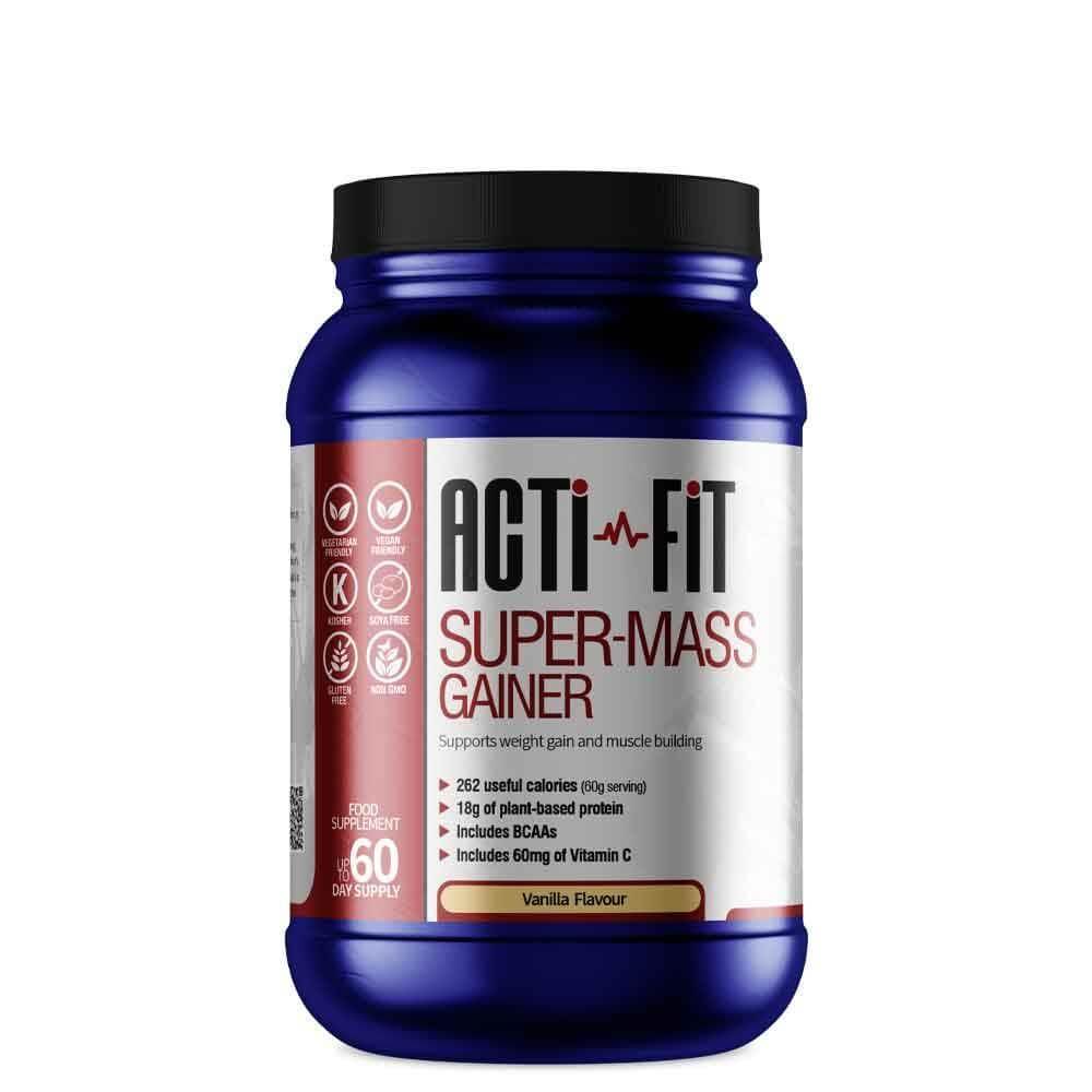 Acti-Fit Super Mass Gainer (Vanilla Flavour) powder in blue tub, a plant-based protein blend to support weight gain and muscle building.