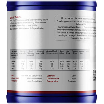 Back label of Acti-Fit Super Mass Gainer (Vanilla) tub showing directions for use and nutrition table
