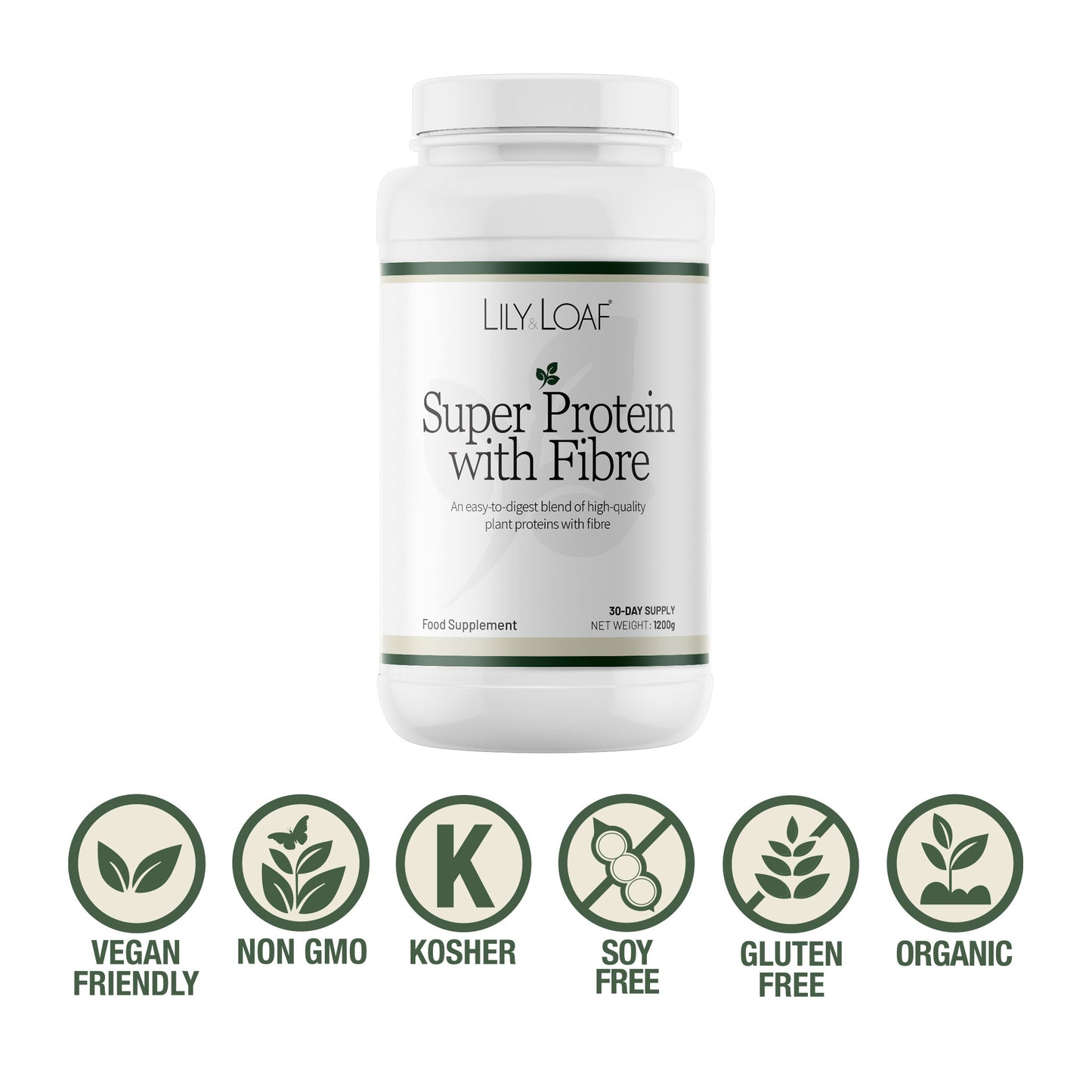 Lily & Loaf Super Protein with Fibre supplement tub with vegan, non GMO, kosher, soy free, gluten free and organic icons