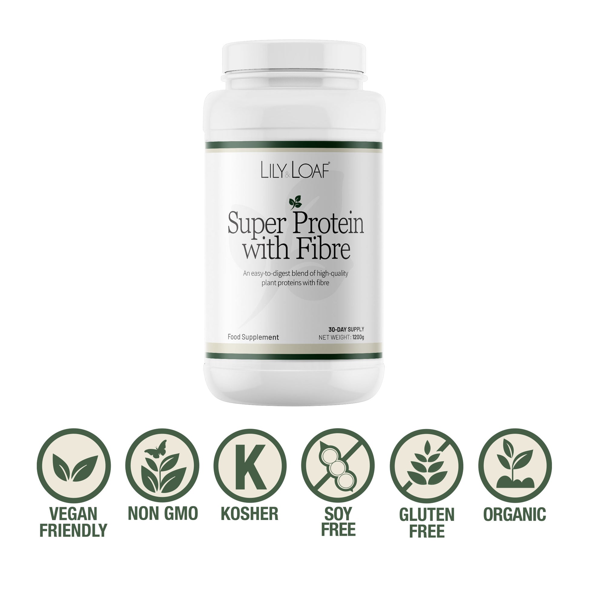 Lily & Loaf Super Protein with Fibre supplement tub with vegan, non GMO, kosher, soy free, gluten free and organic icons
