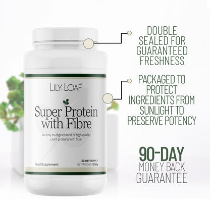 Lily & Loaf Super Protein with Fibre tub highlighting freshness seal, ingredient protection and 90-day money back guarantee