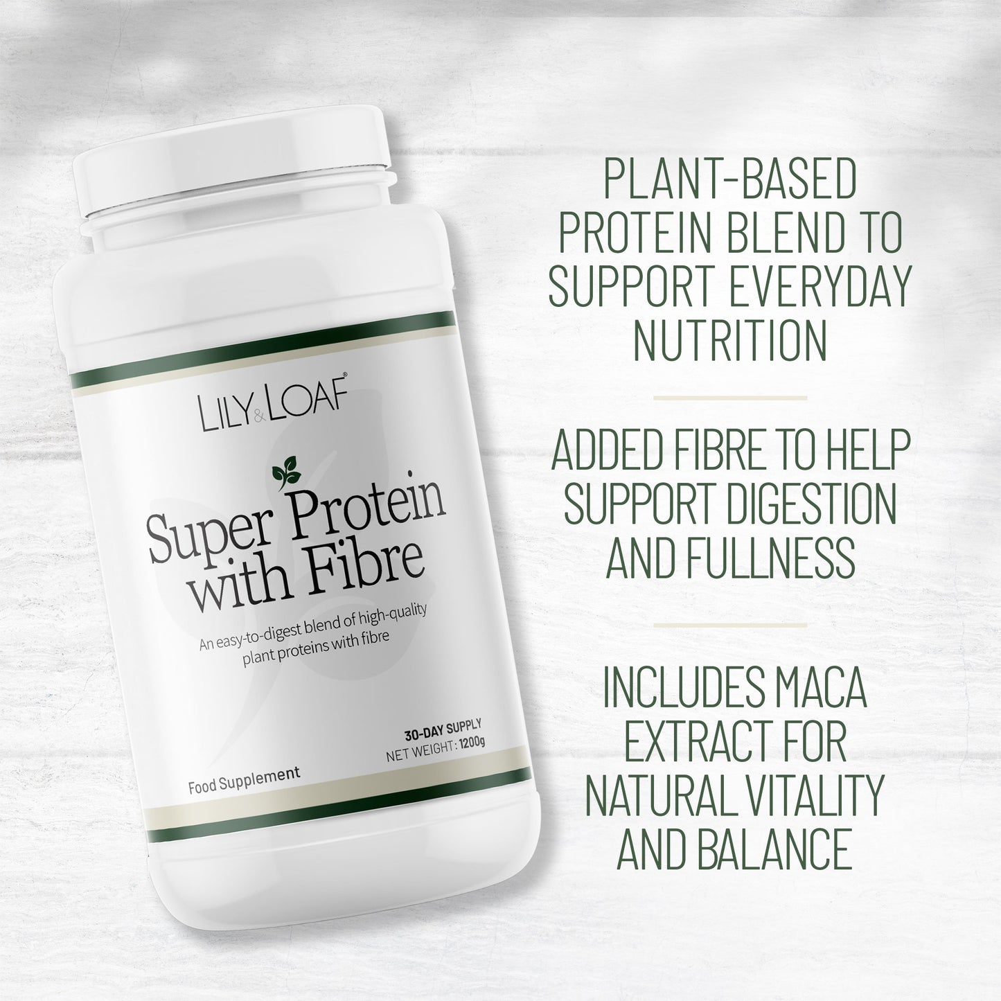 Lily & Loaf Super Protein with Fibre supplement highlighting plant protein, added fibre and maca extract benefits