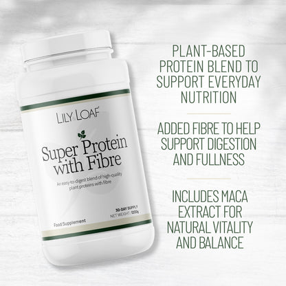 Lily & Loaf Super Protein with Fibre supplement highlighting plant protein, added fibre and maca extract benefits