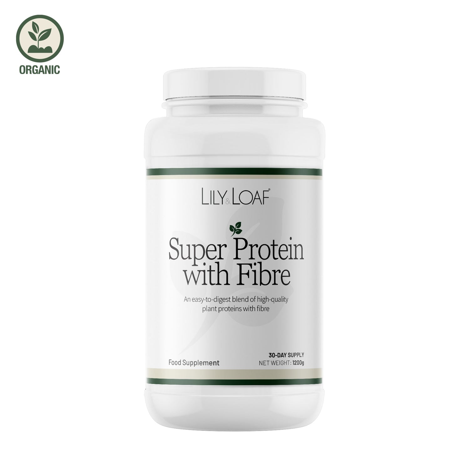 Organic Lily & Loaf Super Protein with Fibre supplement tub with plant protein blend on light background