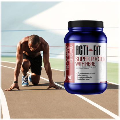 Blue container of Acti-Fit Super Protein with Fibre supplement, providing 17g protein and 9g fiber per serving, 30-day supply, vegan and gluten-free.