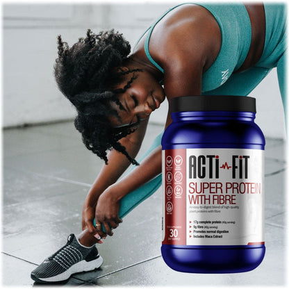 Blue container of Acti-Fit Super Protein with Fibre supplement, providing 17g protein and 9g fiber per serving, 30-day supply, vegan and gluten-free.
