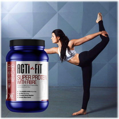A gymnast stretching her leg behind her back with a tub of Super Protein with Fibre in the foreground