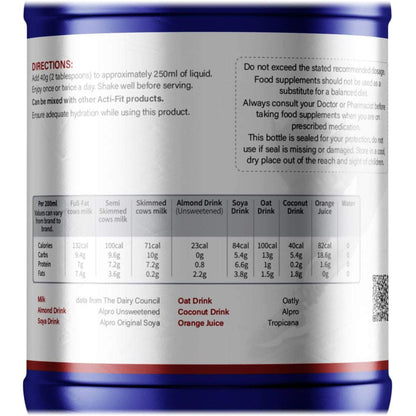 Back label of Acti-Fit Super Protein with Fibre tub showing directions for use and nutrition information.