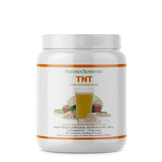 White container of Nature's Sunshine TNT (Total Nutrition Today) high fiber nutritional beverage mix, 532g for a 14-day supply.