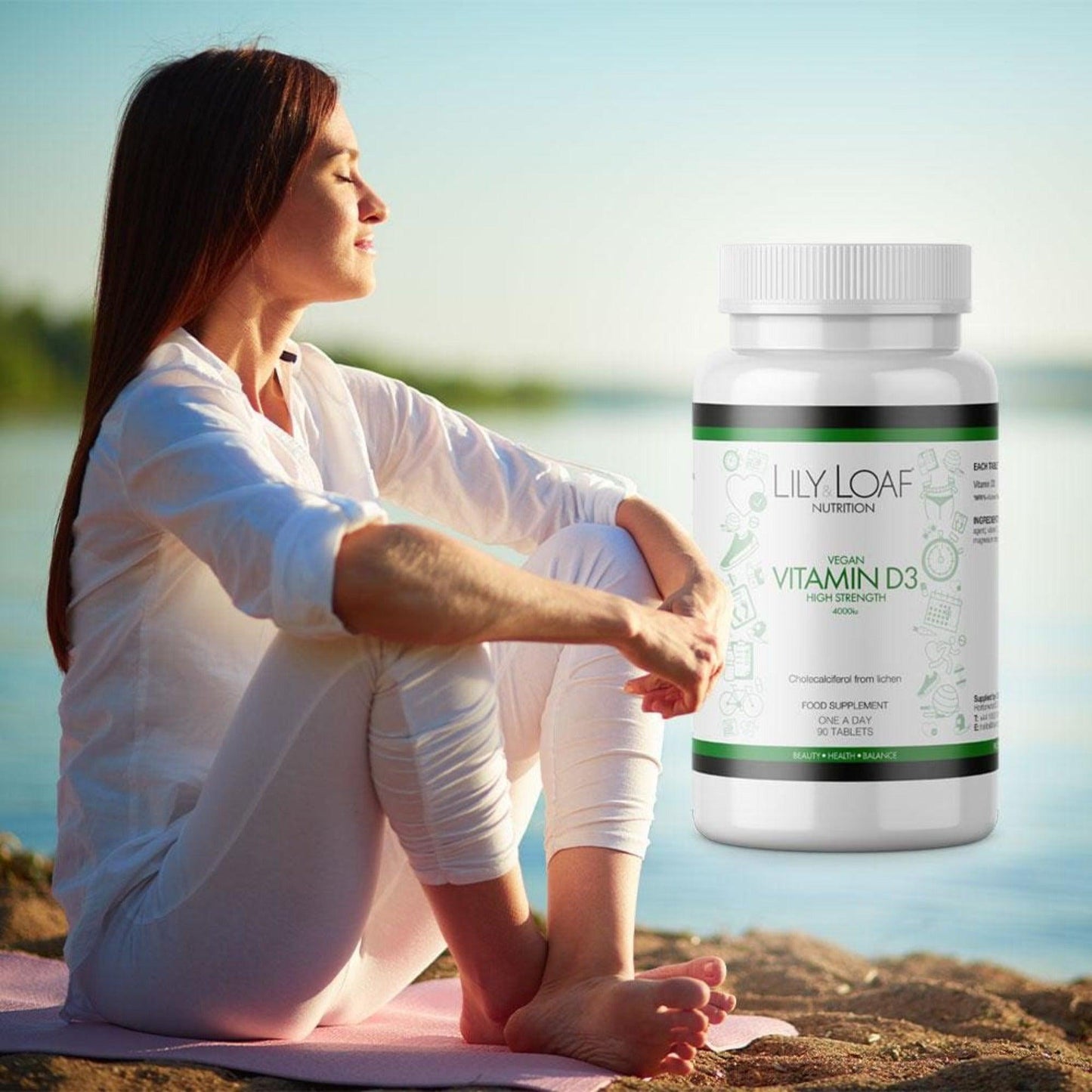 White bottle of Lily & Loaf Vegan Vitamin D3 supplement, high strength 4000IU, containing 90 vegan tablets for a 90-day supply.