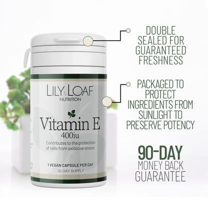 Lily & Loaf Vitamin E 400iu supplement bottle highlighting double-sealed packaging, light protection for potency, and 90-day money-back guarantee.