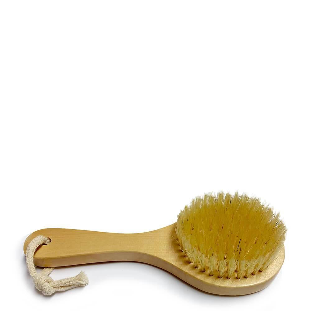 A wooden body brush with natural bristles and an ergonomic handle on a white background.