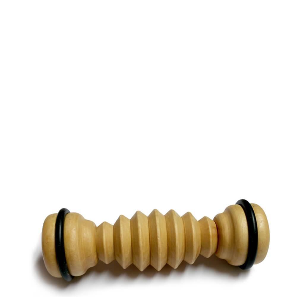 A wooden ribbed foot massager with black accents on the ends.