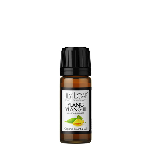 Lily & Loaf Ylang Ylang III organic essential oil bottle. The product offers a calming and floral aroma for relaxation and wellness.